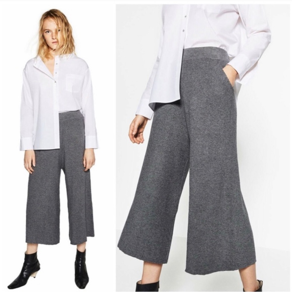 Zara Charcoal Gray Wide-Leg Cropped Pants